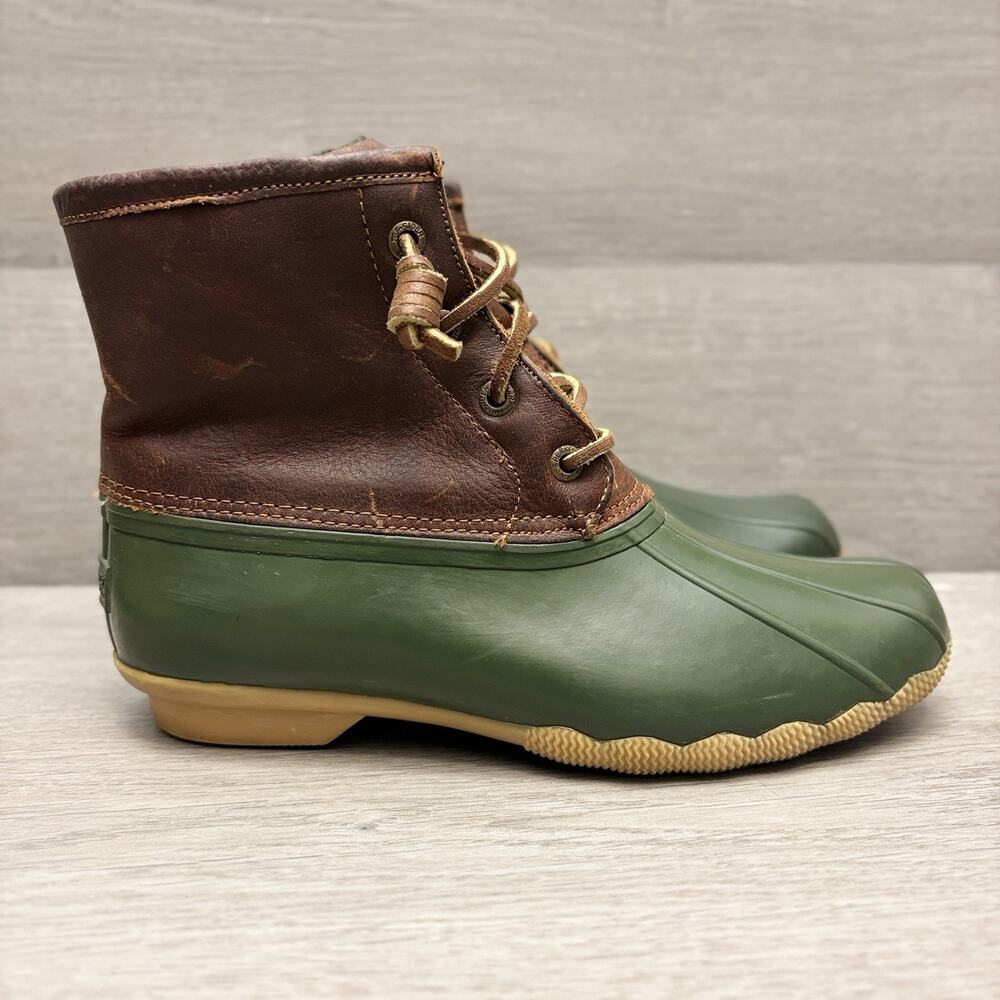 Sperry Saltwater Duck Boots Brown Leather Green Side Zip Waterproof Boots 6.5
